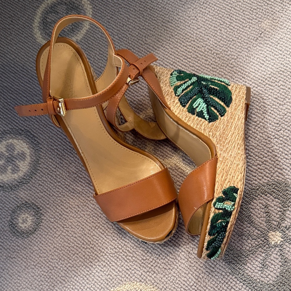 MICHAEL Michael Kors Tan Wedges with Green Leaf Accent